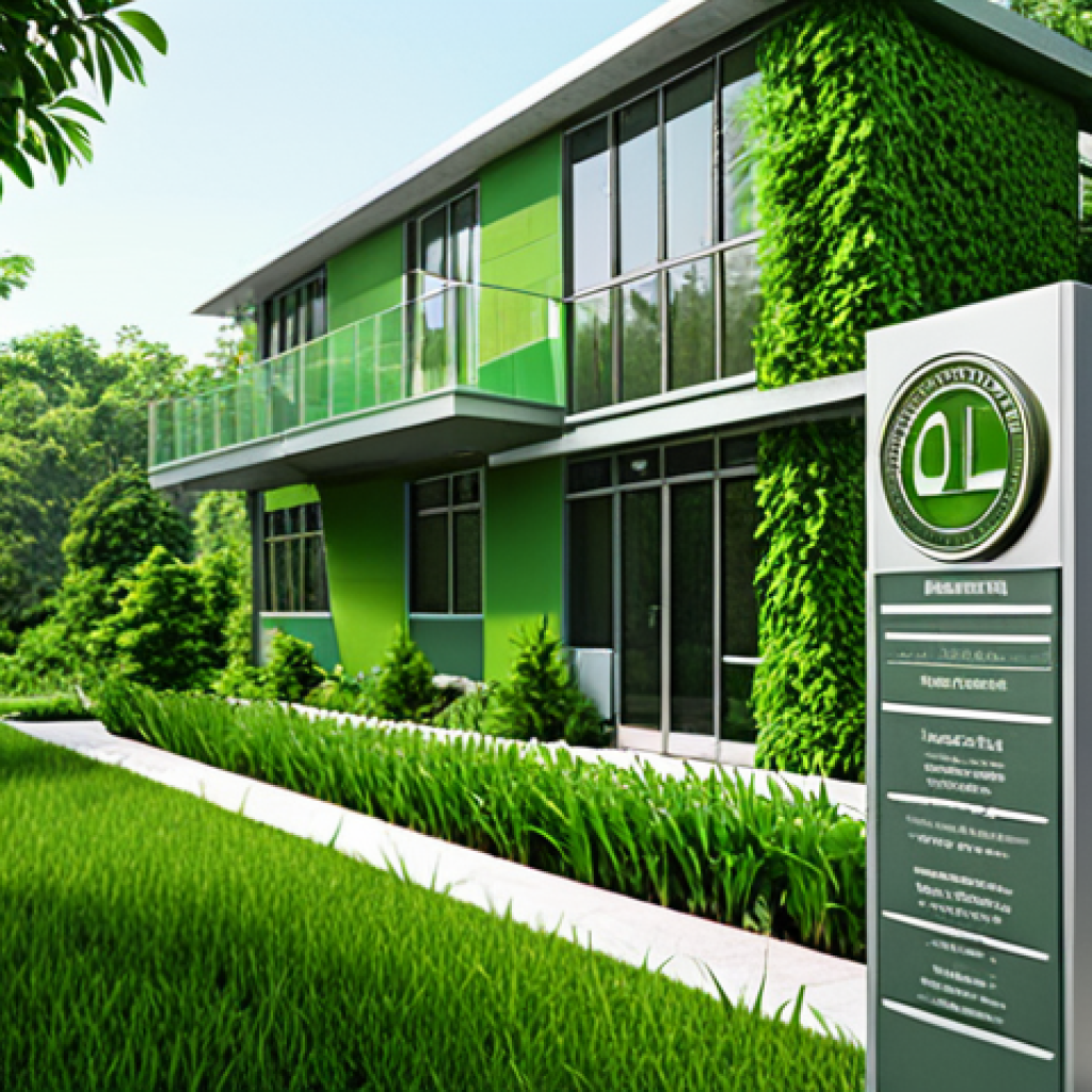 **Image Prompt:** A modern green building with LEED certification plaque visible, surrounded by lush greenery, showcasing energy efficiency and environmental design.