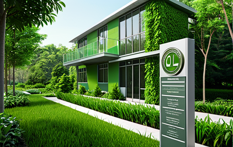 **Image Prompt:** A modern green building with LEED certification plaque visible, surrounded by lush greenery, showcasing energy efficiency and environmental design.