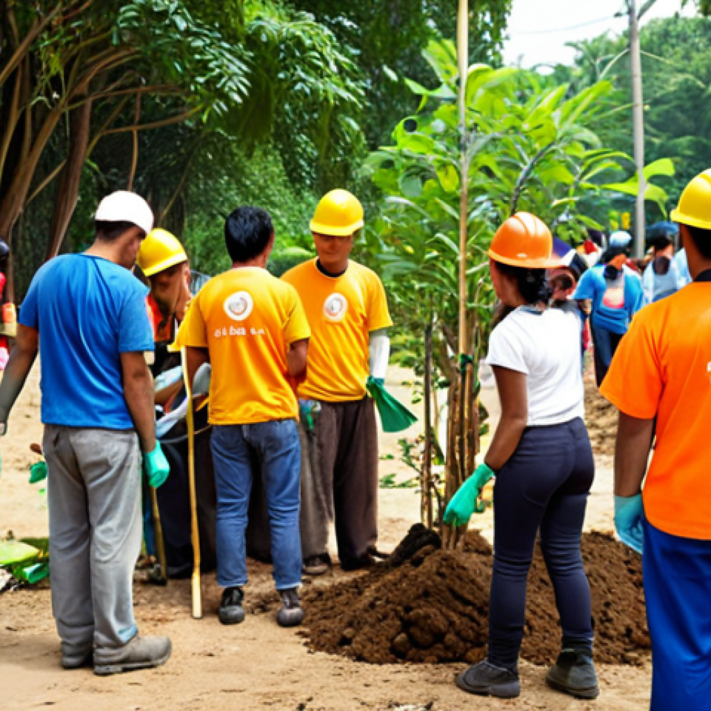 **
A company actively participating in a local community environmental event, such as a cleanup drive or tree-planting activity. Focus on showing the interaction between company employees (volunteers) and local people, emphasizing community engagement and environmental responsibility. The scene should feel authentic and genuine, reflecting a commitment to local environmental causes.
**