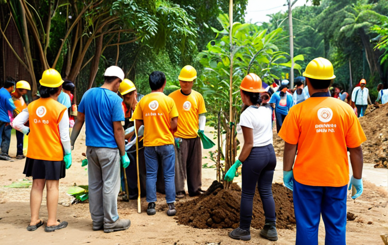 **

A company actively participating in a local community environmental event, such as a cleanup drive or tree-planting activity. Focus on showing the interaction between company employees (volunteers) and local people, emphasizing community engagement and environmental responsibility. The scene should feel authentic and genuine, reflecting a commitment to local environmental causes.

**