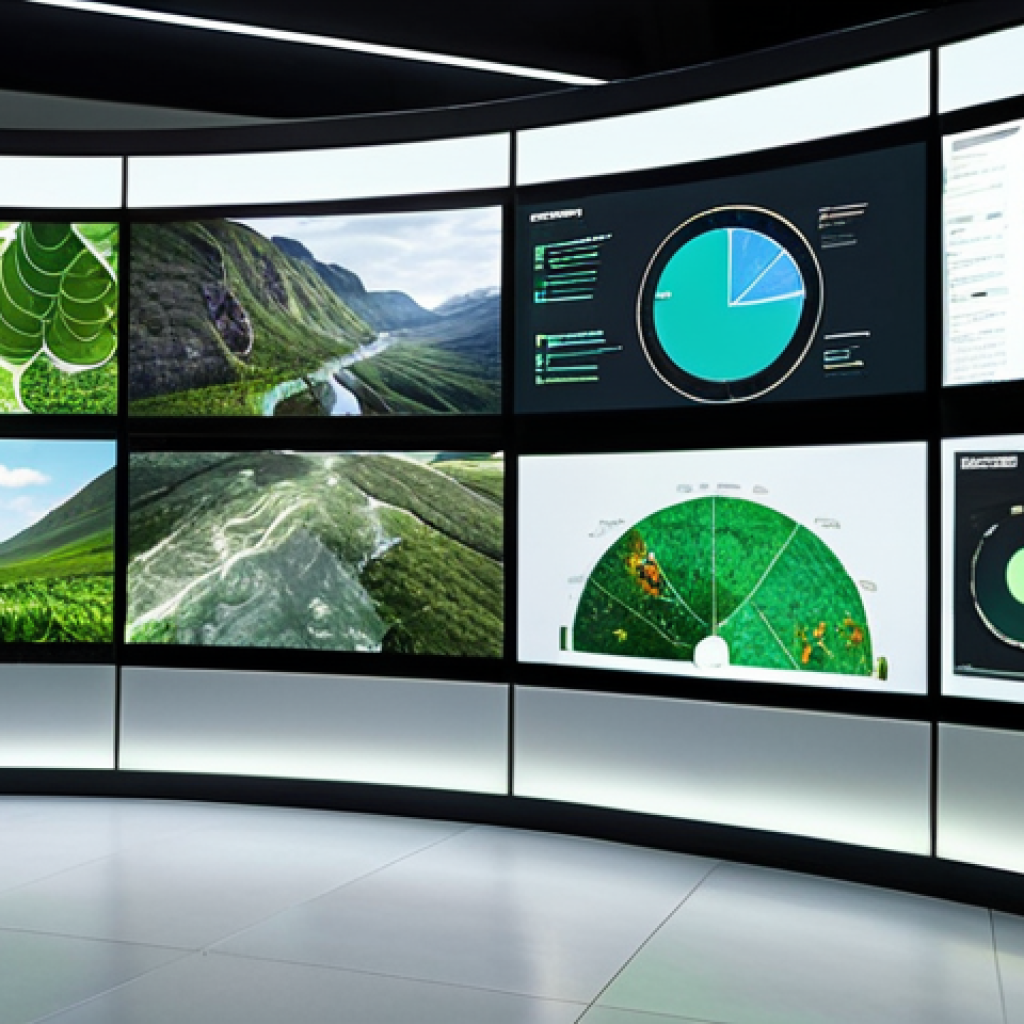 **Data-Driven Sustainability:** A team analyzing environmental impact data on large screens, highlighting carbon footprint reduction strategies. Emphasize modern tech and collaboration.