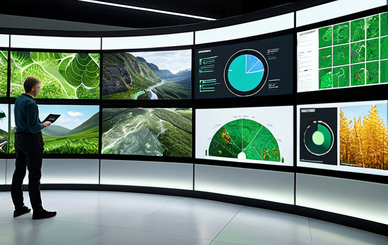 **Data-Driven Sustainability:** A team analyzing environmental impact data on large screens, highlighting carbon footprint reduction strategies. Emphasize modern tech and collaboration.