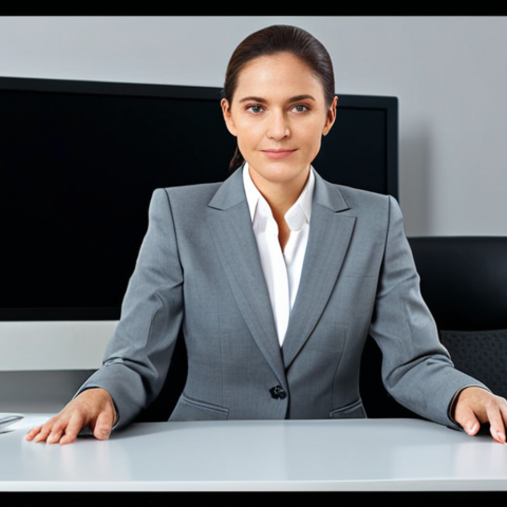 ** A professional businesswoman in a modest business suit, sitting at a desk in a modern office, fully clothed, appropriate attire, safe for work, perfect anatomy, natural proportions, professional photography, high quality

**