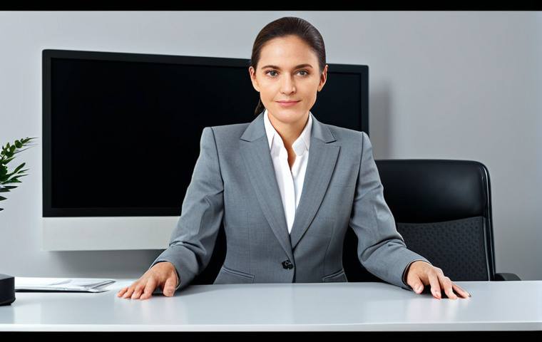 ** A professional businesswoman in a modest business suit, sitting at a desk in a modern office, fully clothed, appropriate attire, safe for work, perfect anatomy, natural proportions, professional photography, high quality

**