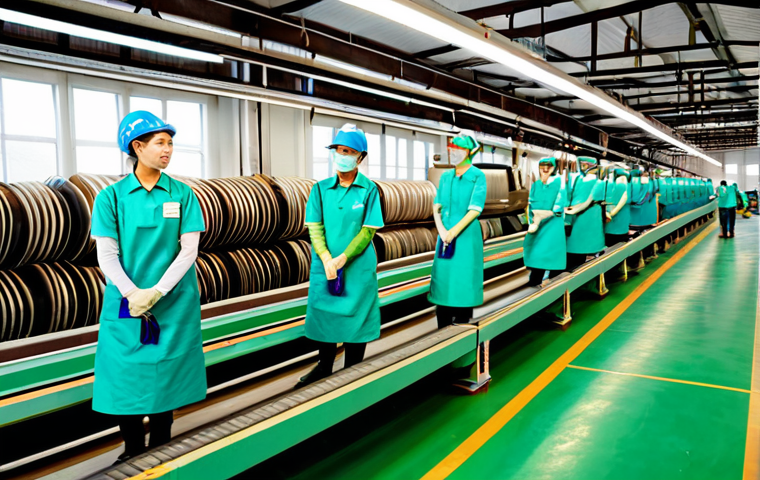 **

A professional textile factory showcasing a "Green Supplier" initiative. Focus on recycling and sustainable materials. Fully clothed workers are operating machinery. Appropriate attire, safe for work, perfect anatomy, natural proportions, professional, modest, family-friendly.

**
