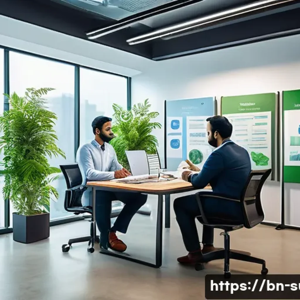 지속가능성 컨설팅 스타트업 창업 가이드 - A professional consulting office scene focused on sustainability, showing a diverse team of Bengali-...