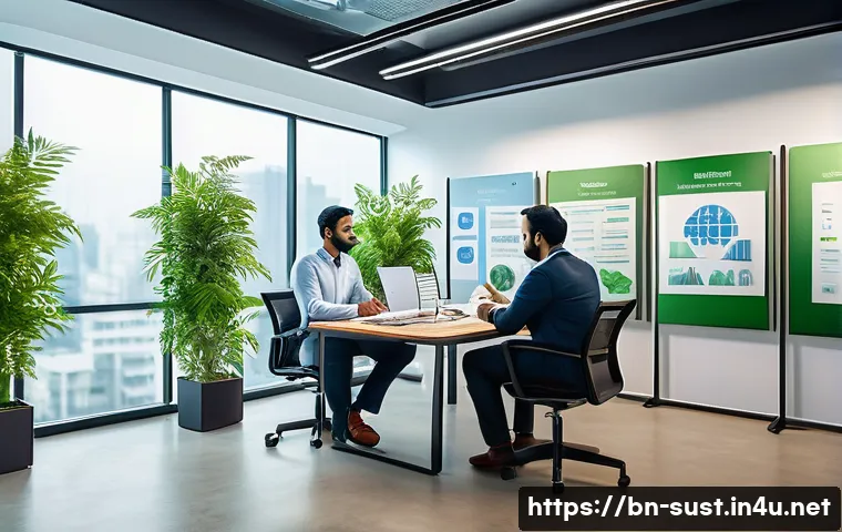 지속가능성 컨설팅 스타트업 창업 가이드 - A professional consulting office scene focused on sustainability, showing a diverse team of Bengali-...