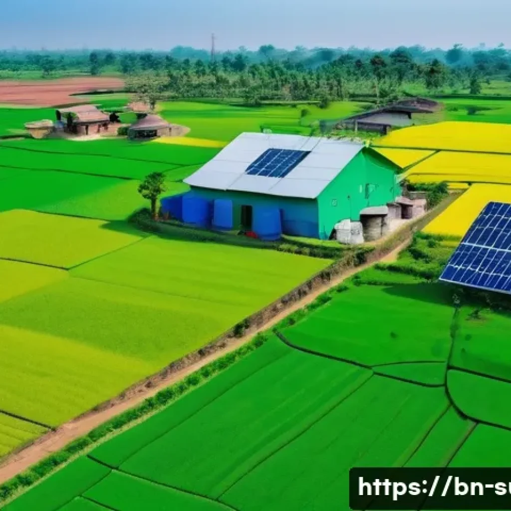 지속가능성 컨설팅의 성공 지표 - A detailed environmental monitoring scene showing a Bengali rural landscape with advanced technology...