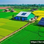 지속가능성 컨설팅의 성공 지표 - A detailed environmental monitoring scene showing a Bengali rural landscape with advanced technology...