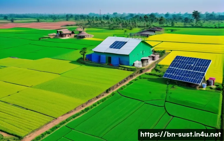 지속가능성 컨설팅의 성공 지표 - A detailed environmental monitoring scene showing a Bengali rural landscape with advanced technology...