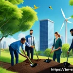 ESG 전략과 지속가능성 컨설팅의 역할 - A vibrant, detailed scene depicting a diverse group of corporate employees planting trees in a lush,...