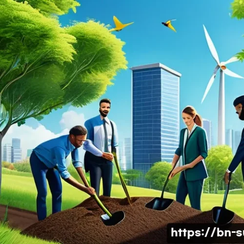 ESG 전략과 지속가능성 컨설팅의 역할 - A vibrant, detailed scene depicting a diverse group of corporate employees planting trees in a lush,...