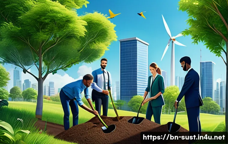 ESG 전략과 지속가능성 컨설팅의 역할 - A vibrant, detailed scene depicting a diverse group of corporate employees planting trees in a lush,...