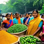 지속가능성 컨설팅과 순환경제 사례 - A vibrant local community market scene in rural Bengal, with diverse Bengali men and women of variou...