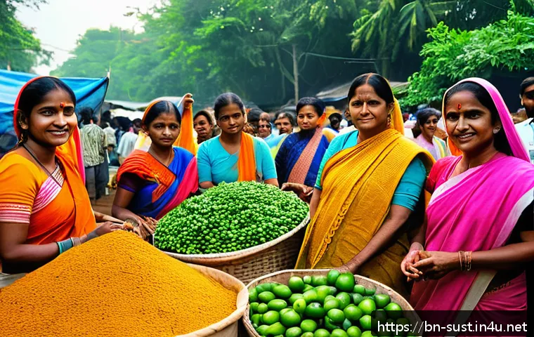 지속가능성 컨설팅과 순환경제 사례 - A vibrant local community market scene in rural Bengal, with diverse Bengali men and women of variou...